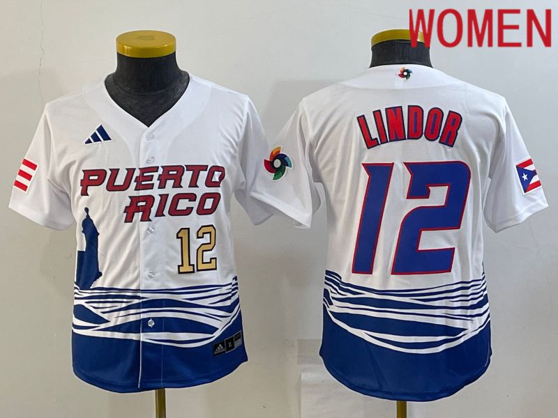 Women 2023 World Cub #12 Lindor White MLB Jersey3->women mlb jersey->Women Jersey